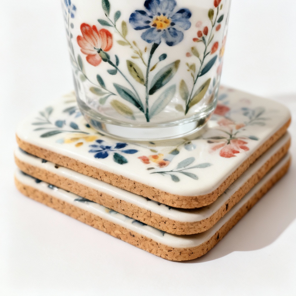Hand-Painted Ceramic Coaster Set - Floral Design, Cork Backing - Set of 4