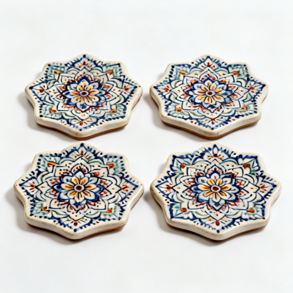Hand-Painted Ceramic Coaster Set - Floral Mandala Design, Set of 4