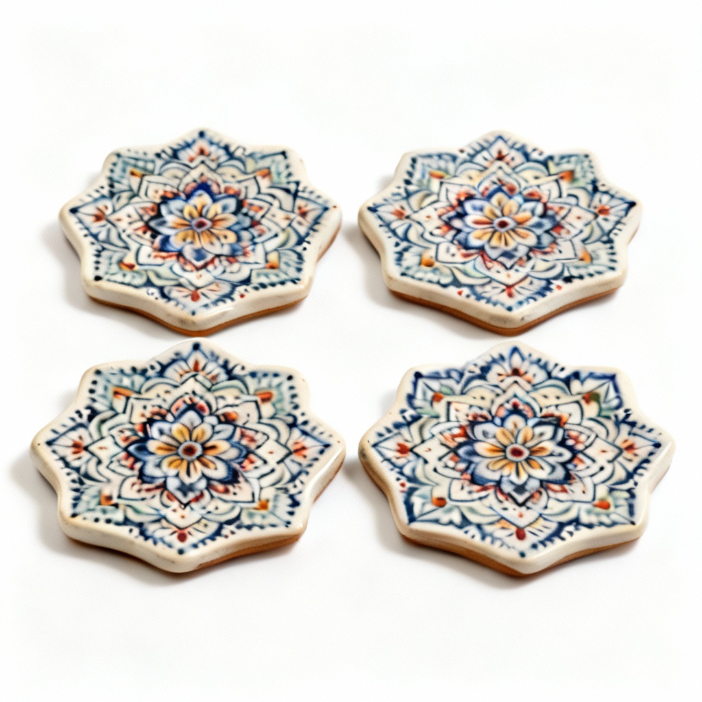 Hand-Painted Ceramic Coaster Set - Floral Mandala Design, Set of 4