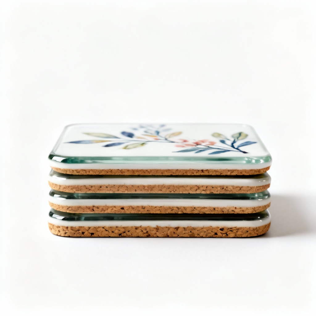 Hand-Painted Ceramic Coaster Set with Cork Backing - Set of 4