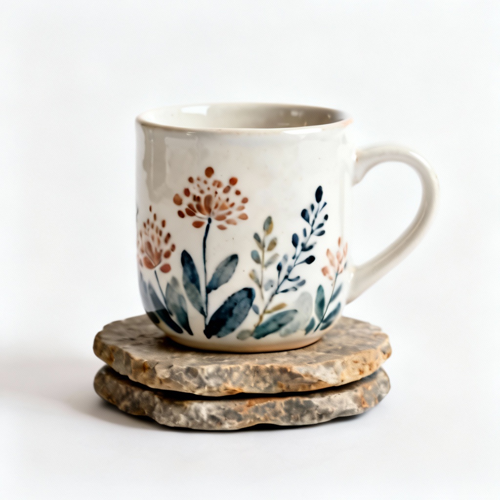 Hand-Painted Ceramic Mug with Natural Stone Coaster Set