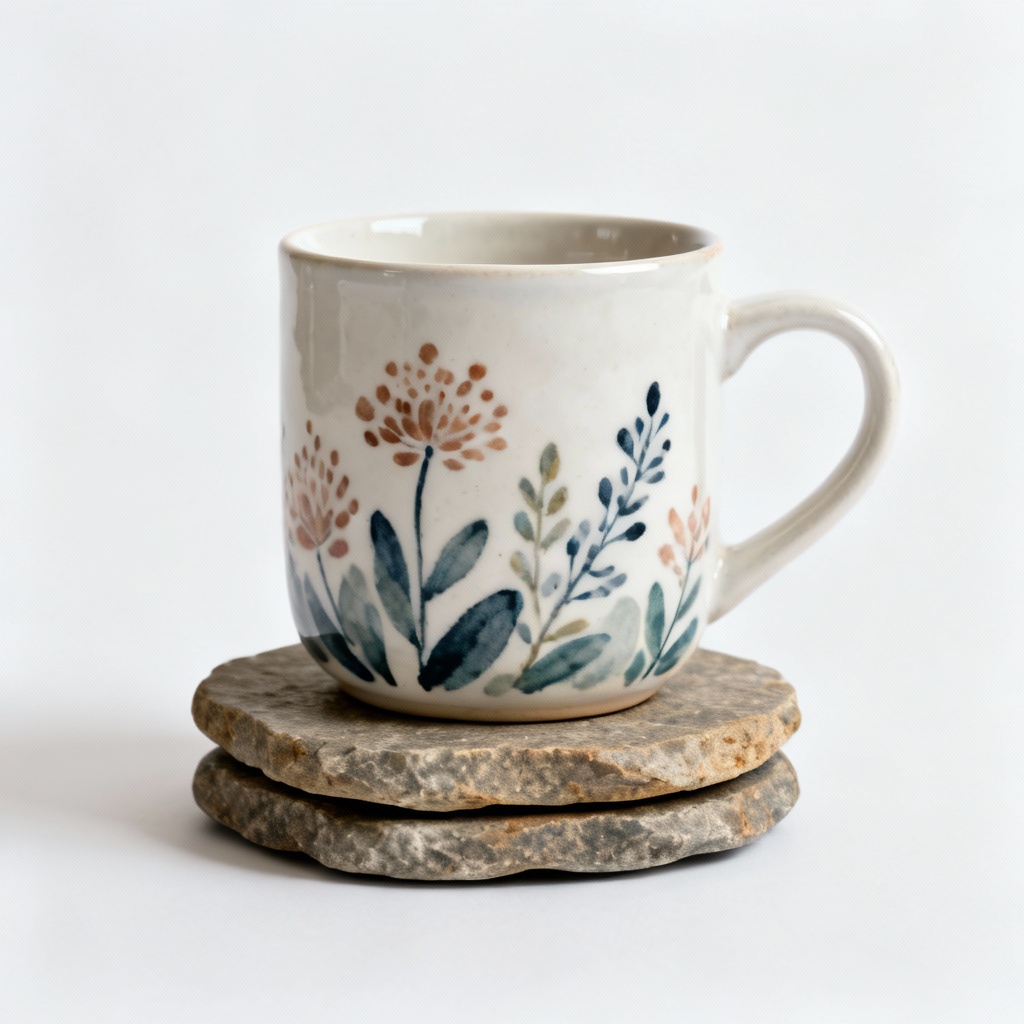 Hand-Painted Ceramic Mug with Natural Stone Coaster Set