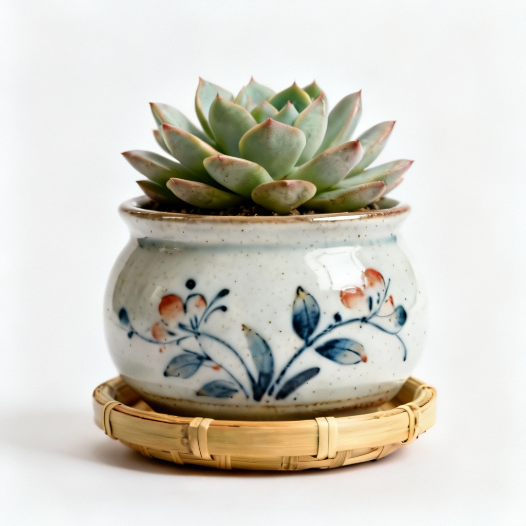 Hand-Painted Ceramic Succulent Planter with Bamboo Saucer
