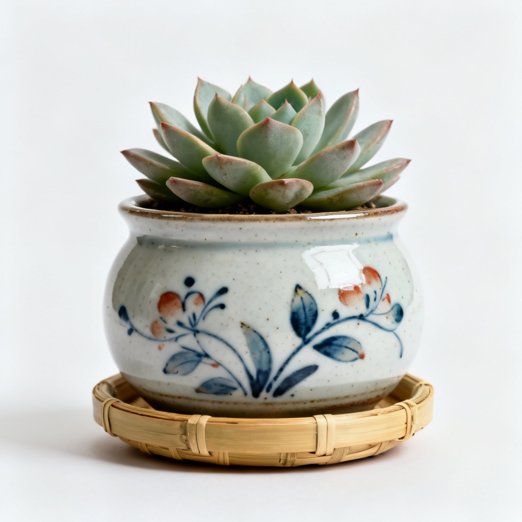 Hand-Painted Ceramic Succulent Planter with Bamboo Saucer