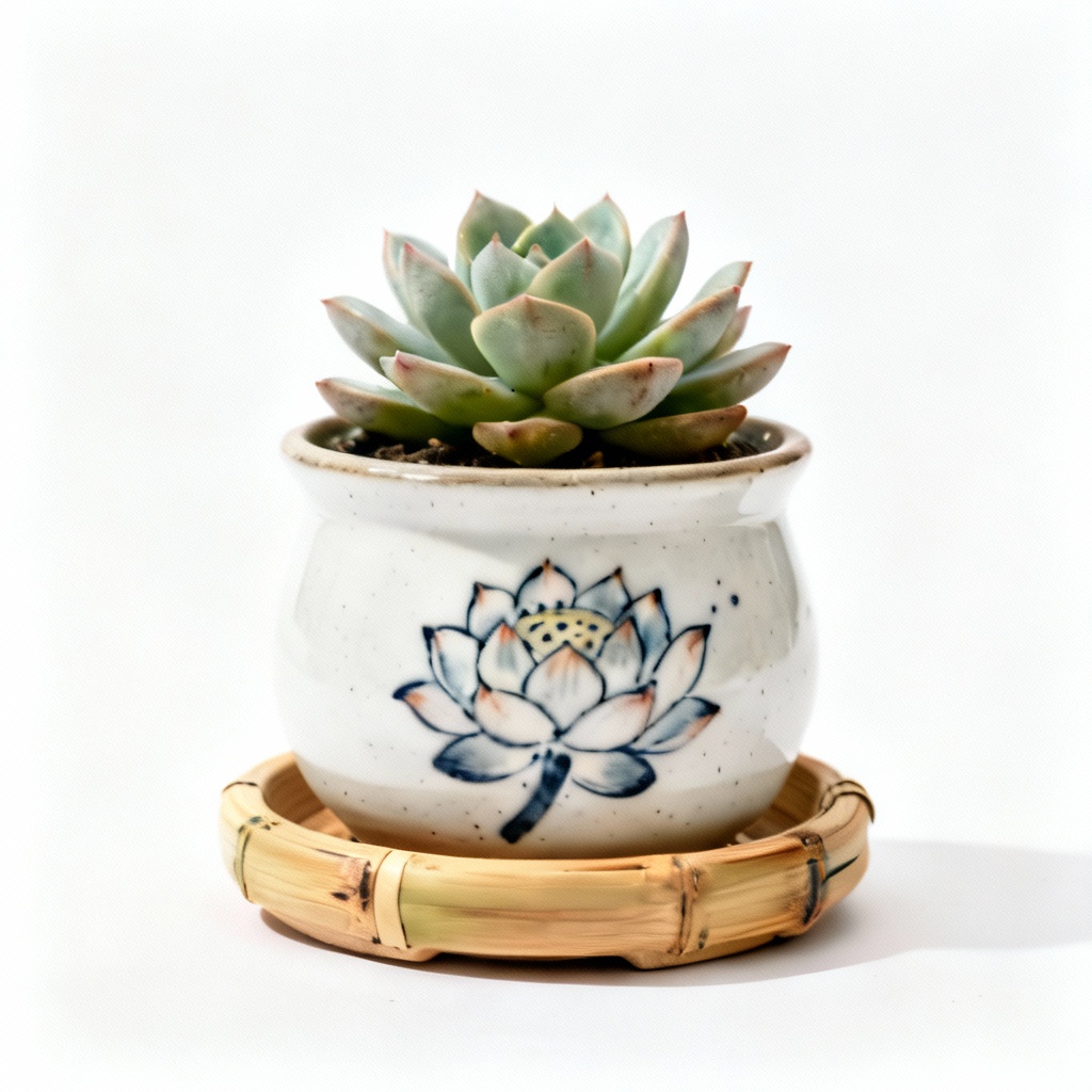 Hand-Painted Ceramic Succulent Planter with Bamboo Saucer - 4 Inch