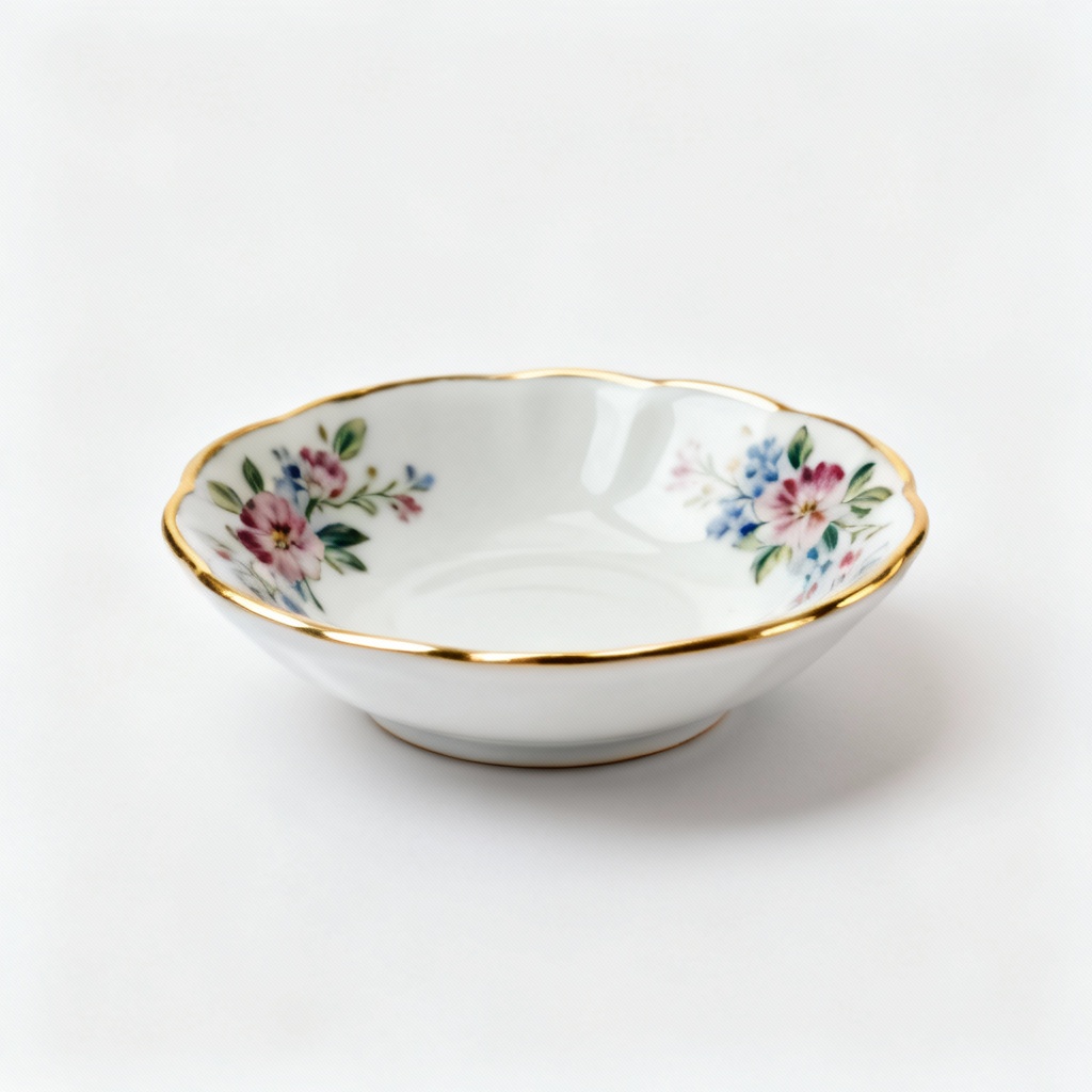 Hand-Painted Ceramic Trinket Dish with Gold Rim - Floral Design