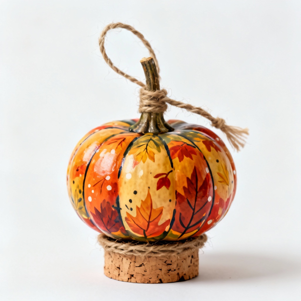 Hand-Painted Decorative Gourd with Twine & Cork Base - Autumn Harvest