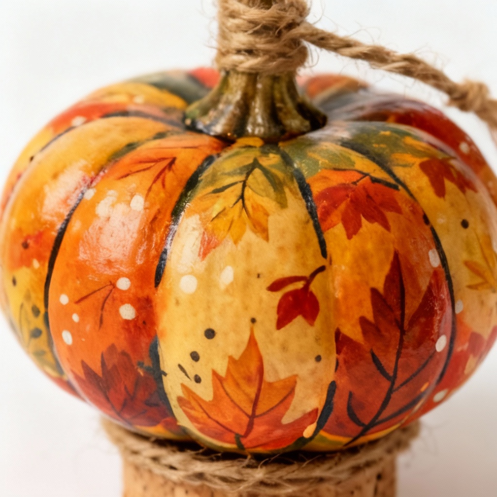 Hand-Painted Decorative Gourd with Twine & Cork Base - Autumn Harvest
