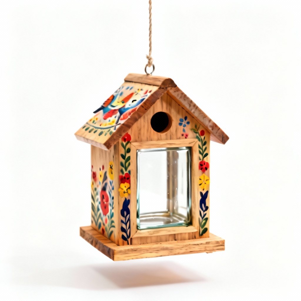 Hand-Painted Wooden Birdhouse with Blown Glass Window - Folk Art Design