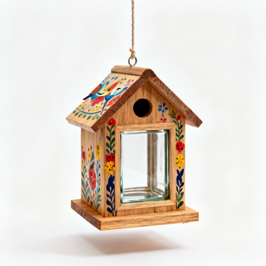 Hand-Painted Wooden Birdhouse with Blown Glass Window - Folk Art Design