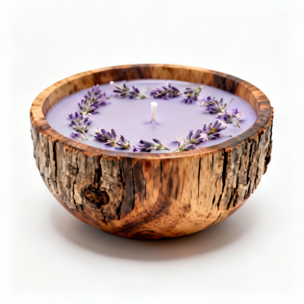 Hand-Poured Soy Wax Candle in Reclaimed Wood Bowl - Lavender Scent