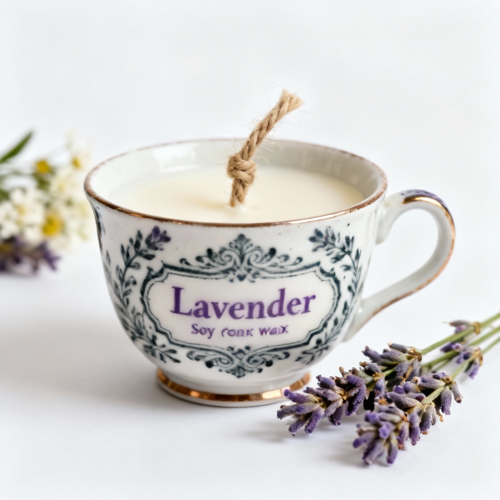 Hand-Poured Soy Wax Candle in Repurposed Teacup - Lavender Scent