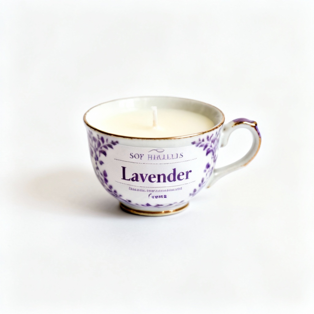 Hand-Poured Soy Wax Candle in Upcycled Teacup - Lavender Scent