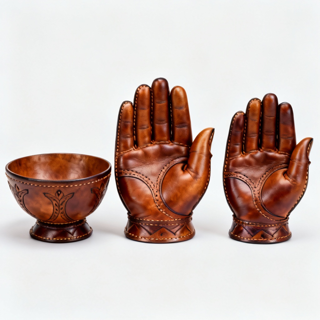 Hand-Shaped Leather Offering Bowls - Set of Three, Traditional Style