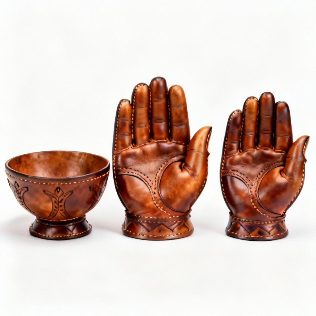 Hand-Shaped Leather Offering Bowls - Set of Three, Traditional Style