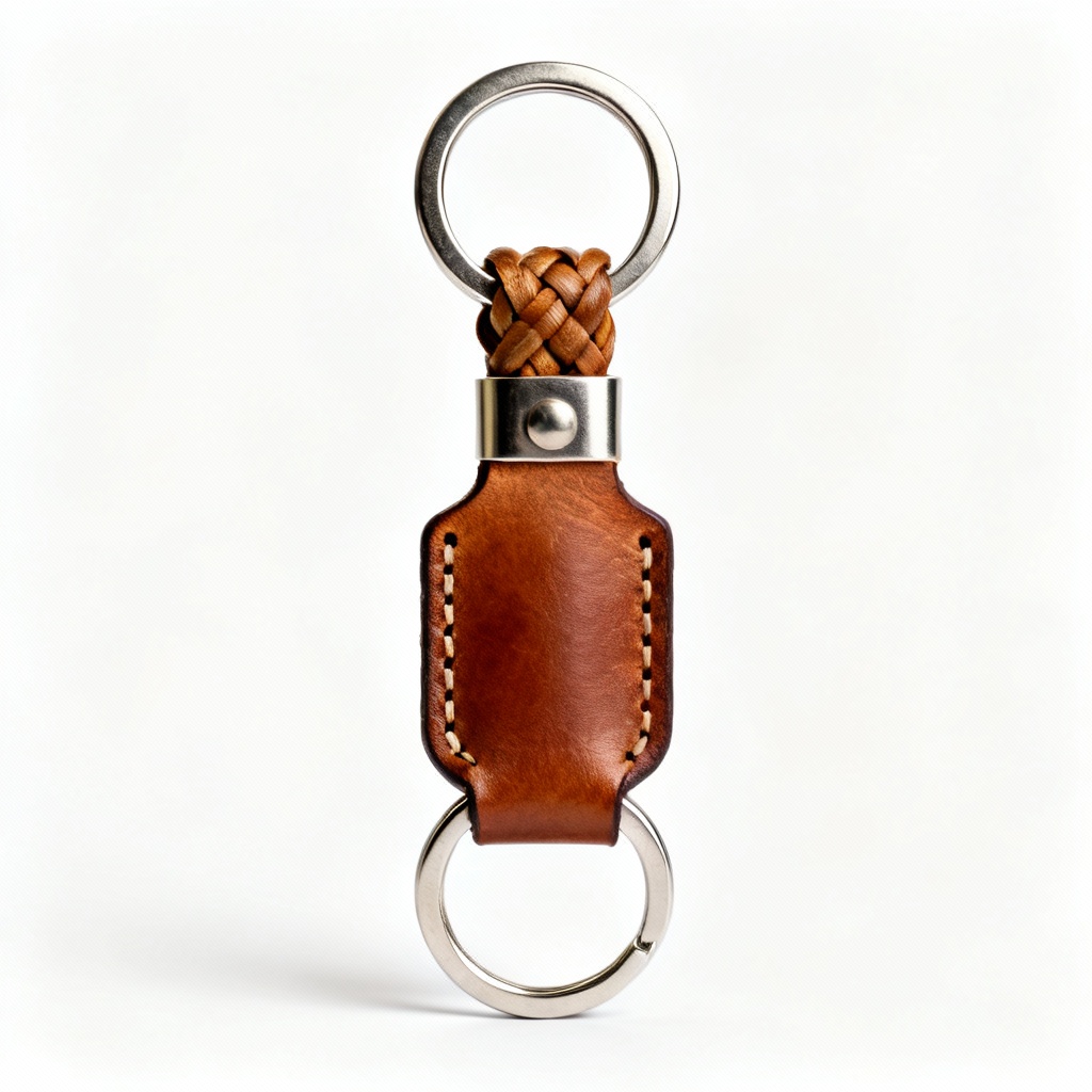 Hand-Stitched Leather Keychain with Braided Accent