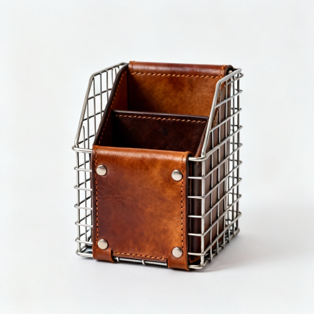 Handcrafted Leather & Wire Desk Organizer - Full-Grain Accents