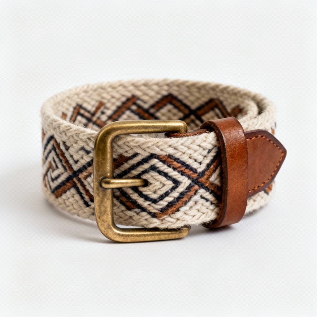 Handcrafted Leather & Woven Cotton Belt with Brass Buckle