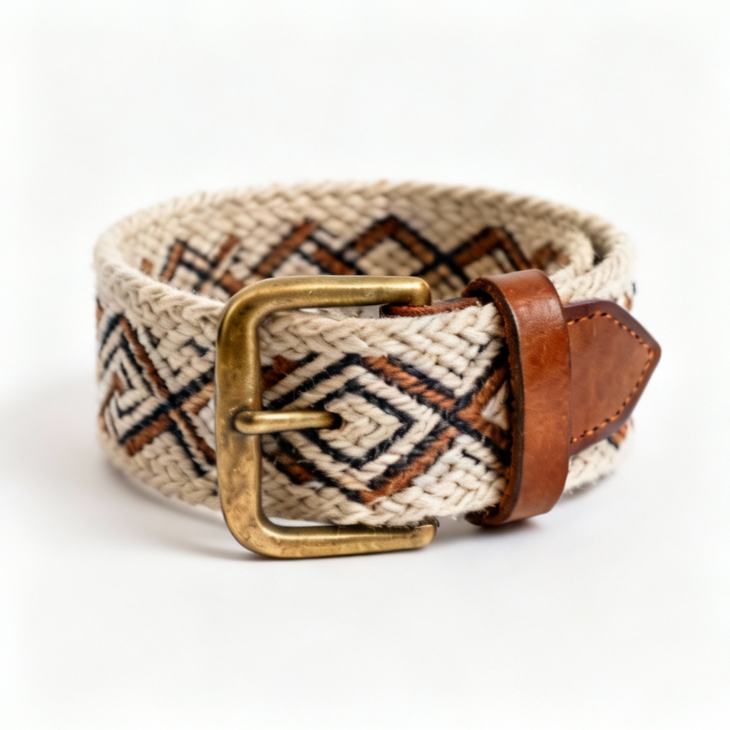 Handcrafted Leather & Woven Cotton Belt with Brass Buckle