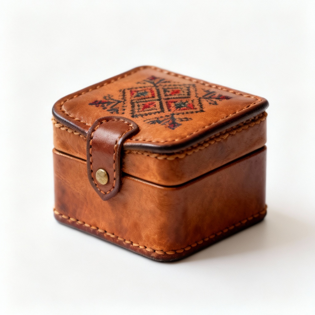 Handcrafted Leather Trinket Box - Traditional Folk Design, Top-Grain Detail