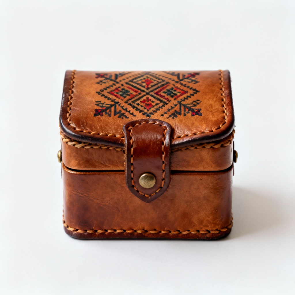 Handcrafted Leather Trinket Box - Traditional Folk Design, Top-Grain Detail