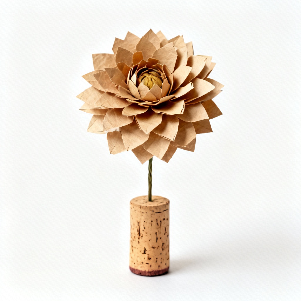 Handcrafted Paper Dahlia Bloom with Upcycled Wine Cork Stem