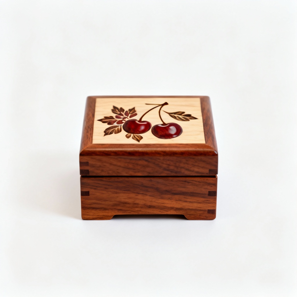 Handcrafted Wooden Keepsake Box with Cherry Inlay - Floral Design
