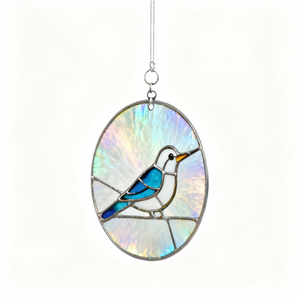 Iridescent Glass Suncatcher with Stained Glass Bird Accent - 6 Inch Diameter