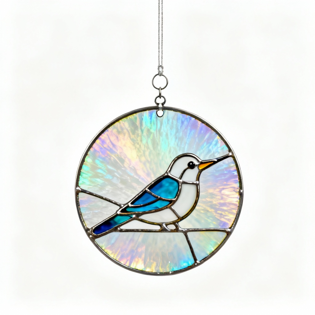Iridescent Glass Suncatcher with Stained Glass Bird Accent - 6 Inch Diameter
