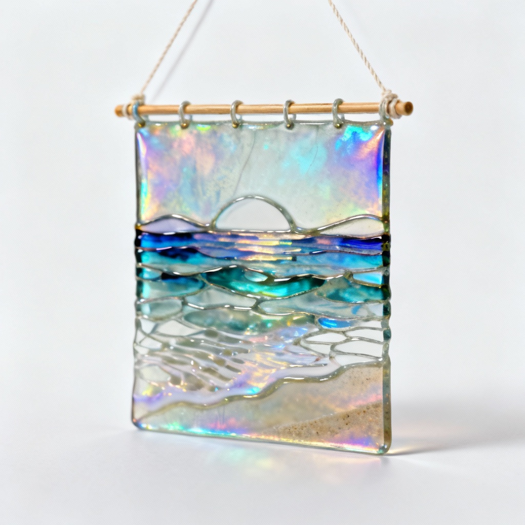 Iridescent Glass Tapestry Wall Hanging - Abstract Coastal Design, 8x12 Inches