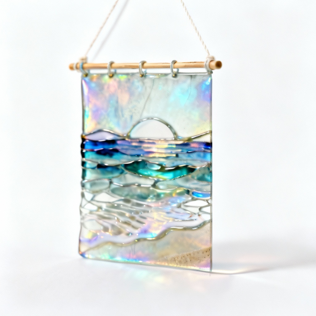 Iridescent Glass Tapestry Wall Hanging - Abstract Coastal Design, 8x12 Inches