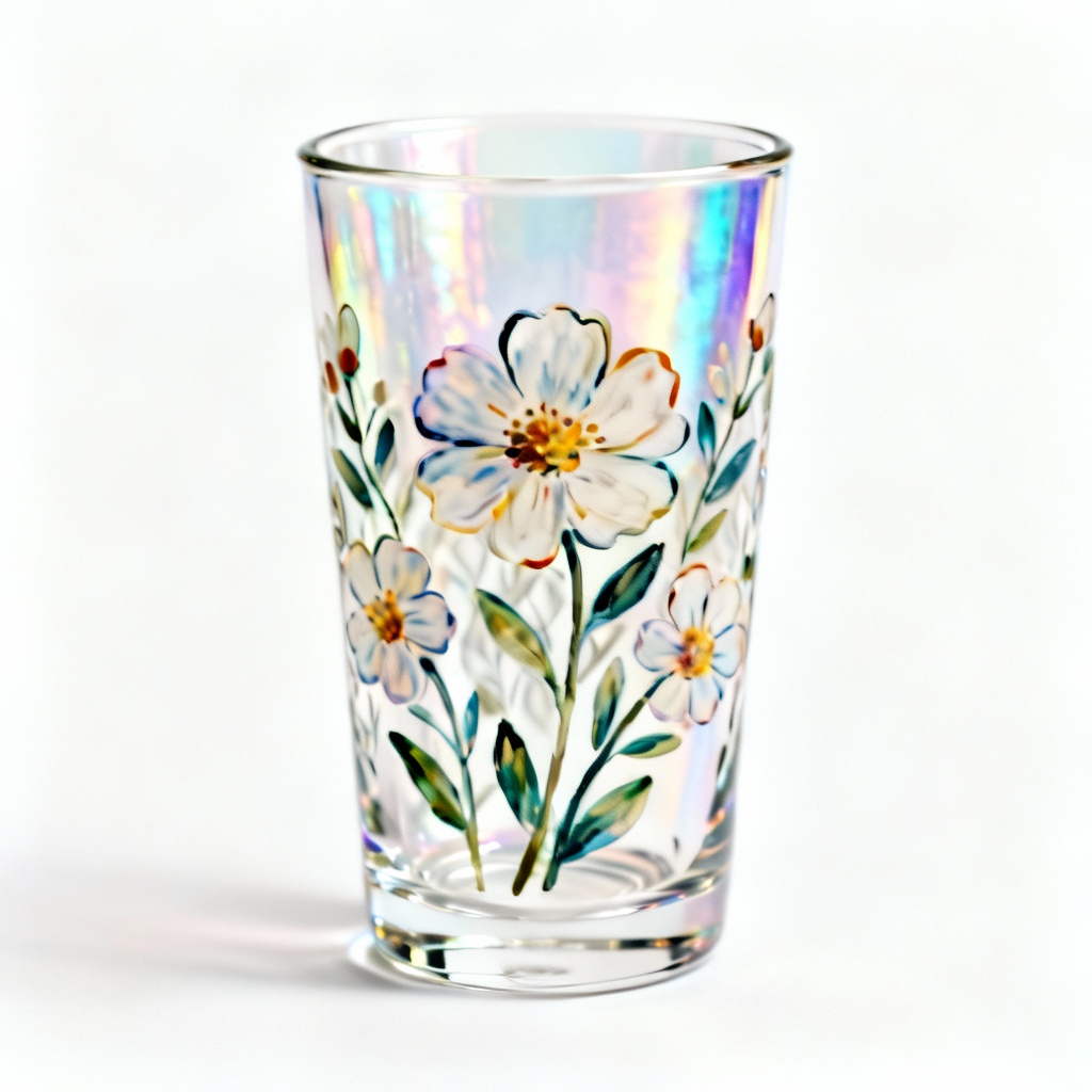 Iridescent Glass Tumbler with Hand-Painted Floral Design - 12 oz