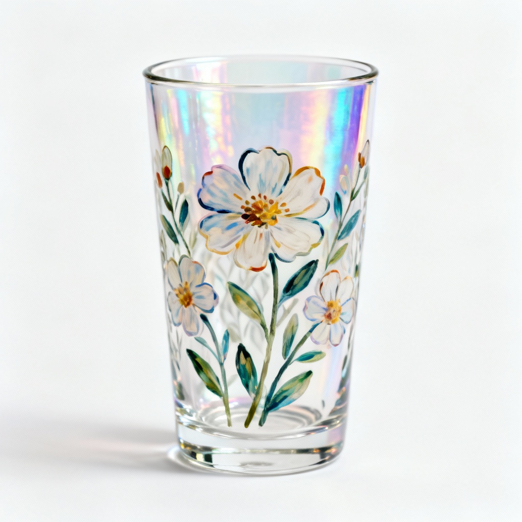 Iridescent Glass Tumbler with Hand-Painted Floral Design - 12 oz