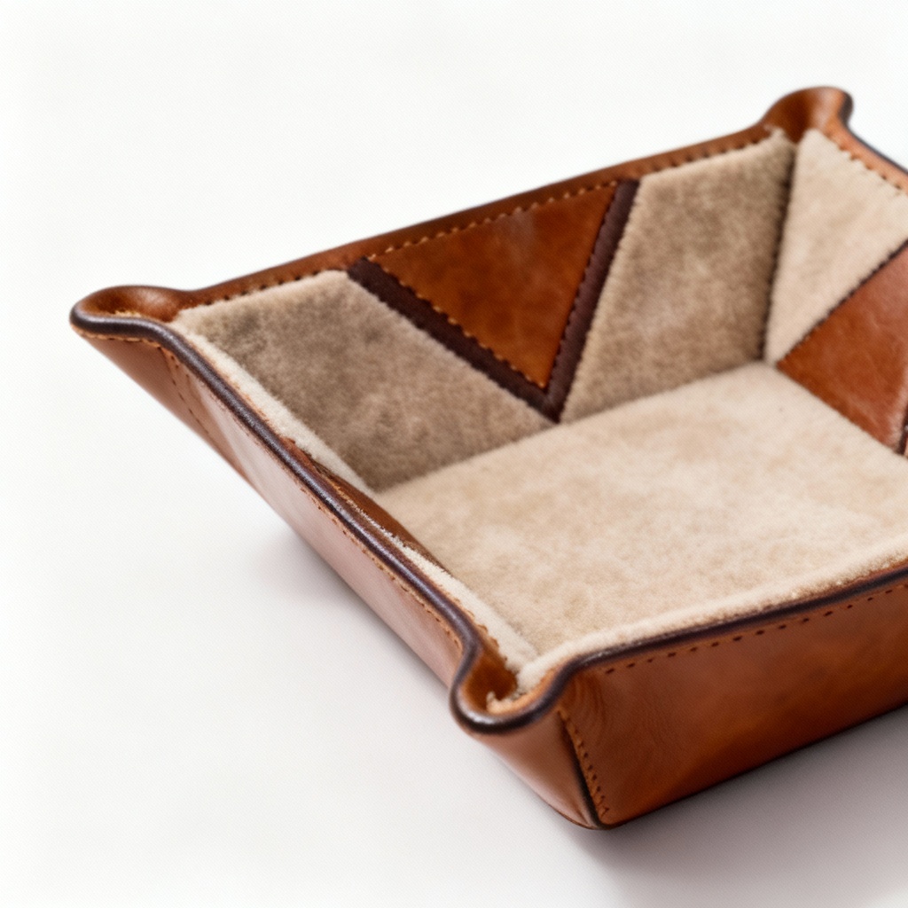 Leather & Suede Decorative Dish - Geometric Inlay Design - 6 Inch