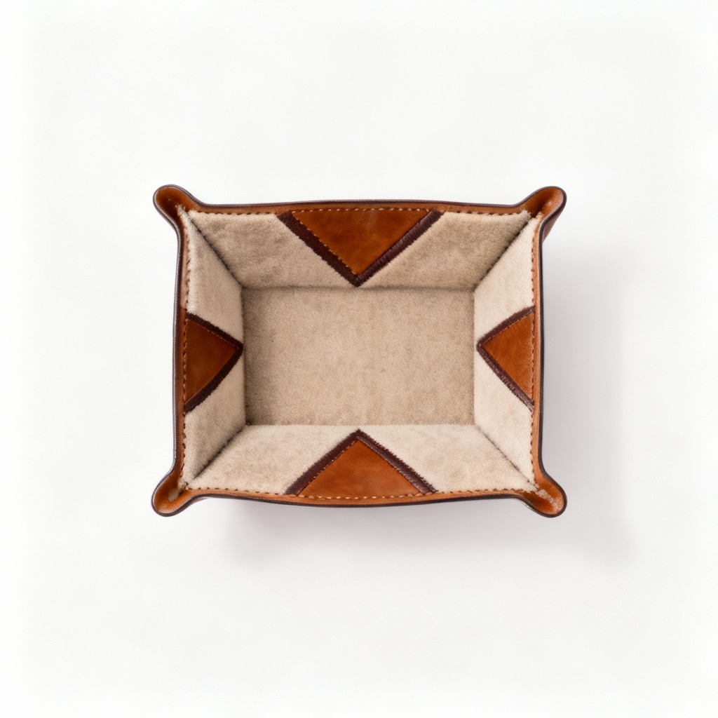Leather & Suede Decorative Dish - Geometric Inlay Design - 6 Inch