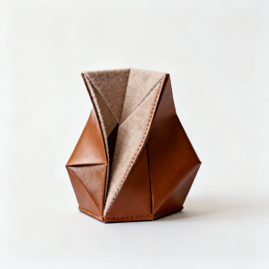 Leather & Suede Paper Sculpture - Abstract Geometric Form, Desk Decor