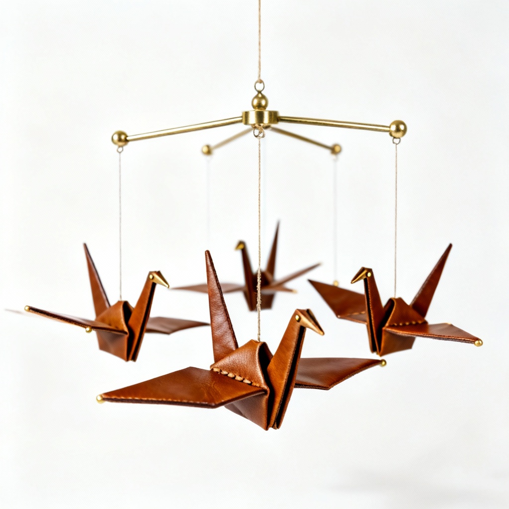 Leather Origami Crane Mobile with Brass Accents