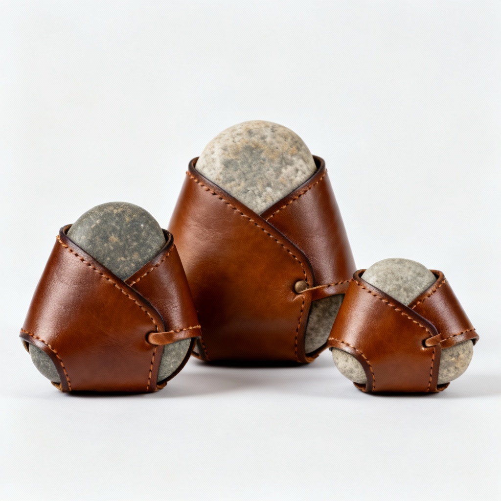 Leather Wrapped River Stone Paperweights - Set of Three