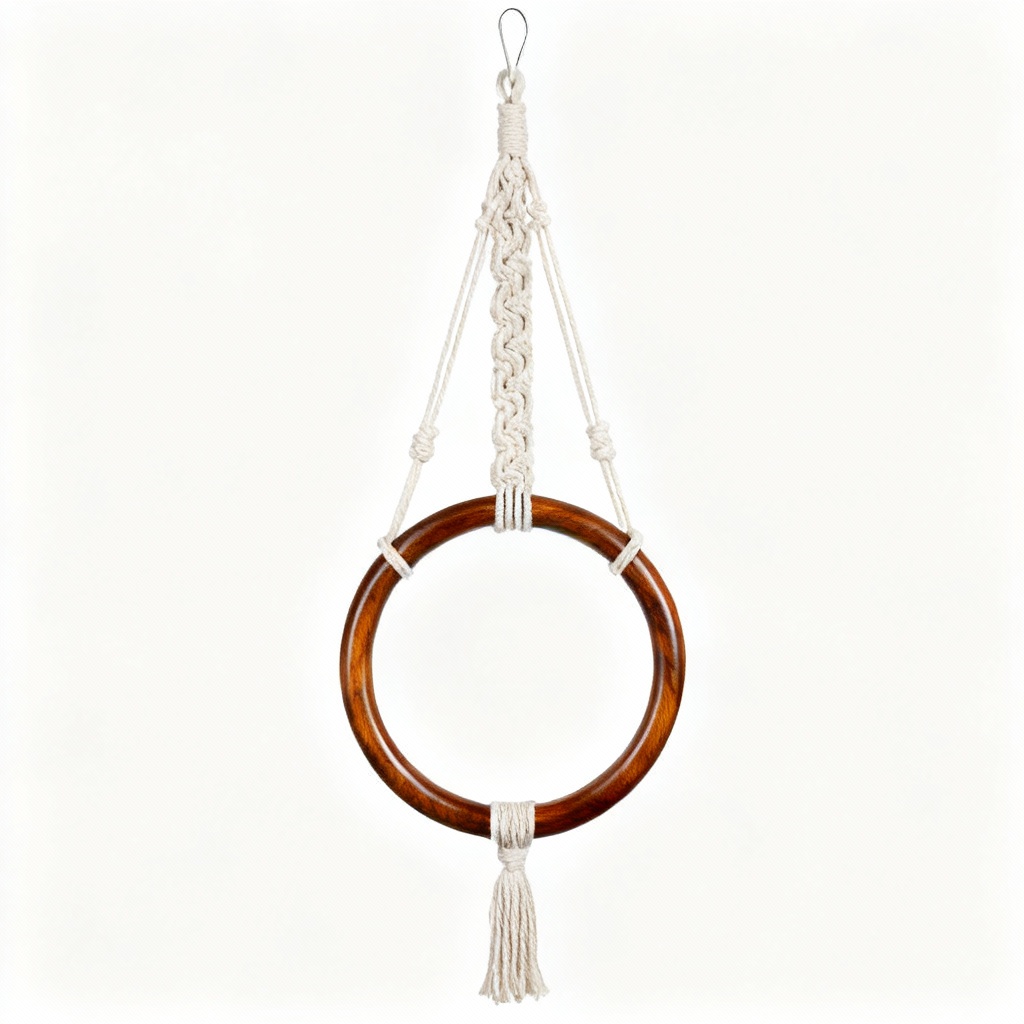 Modern Macrame Plant Hanger with Polished Wood Ring - 30 Inch