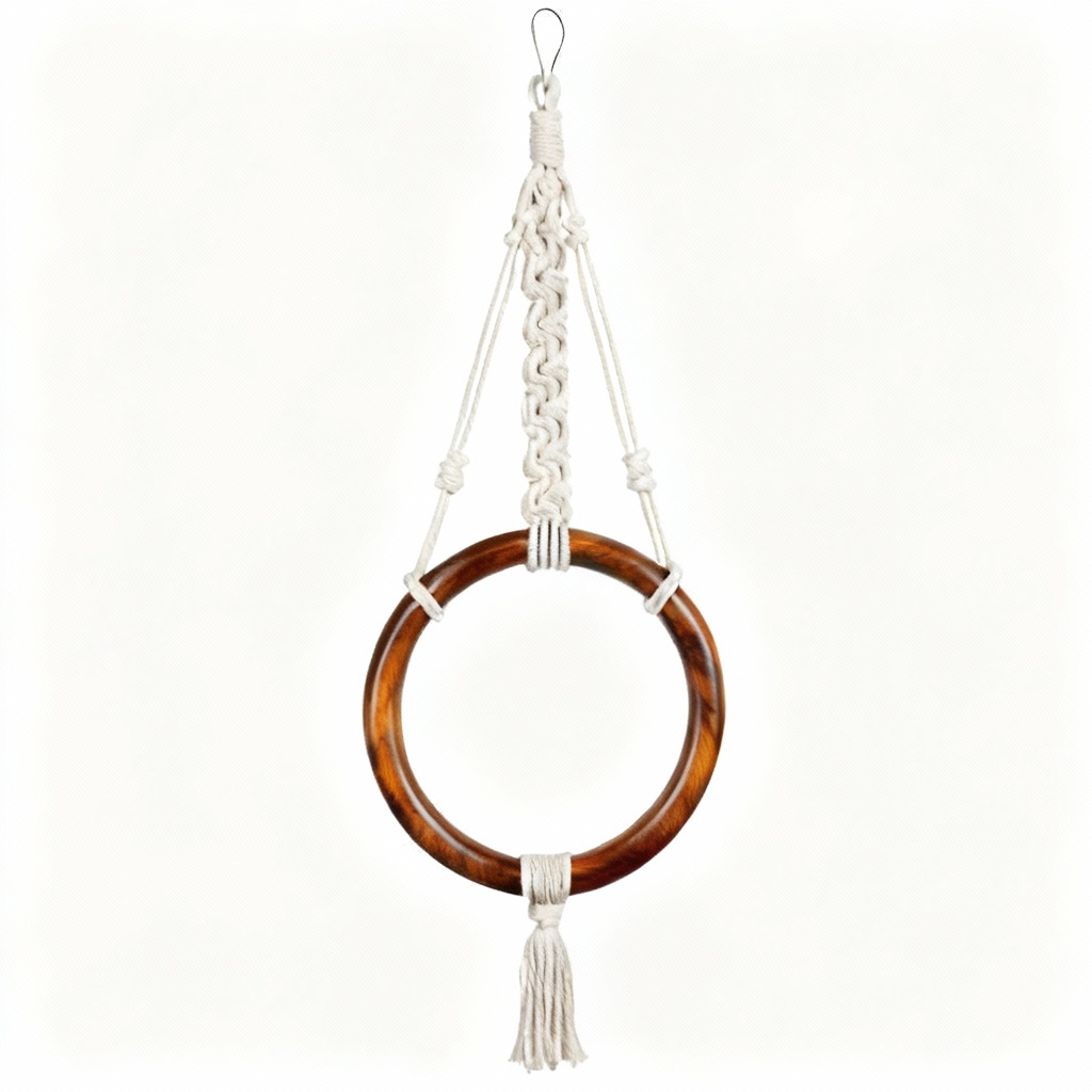 Modern Macrame Plant Hanger with Polished Wood Ring - 30 Inch
