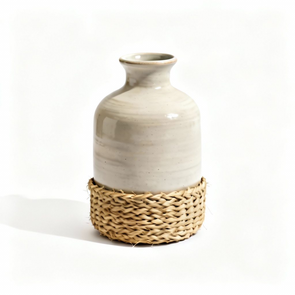 Natural Clay Vase with Woven Raffia Base - 8 Inch