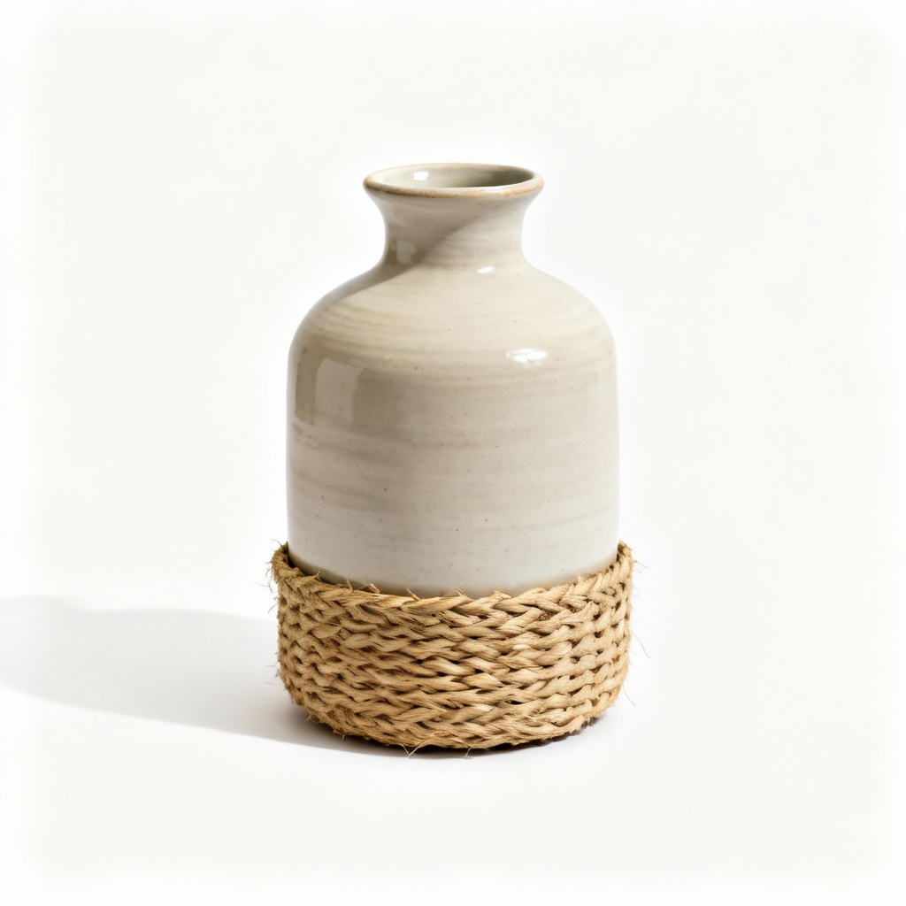 Natural Clay Vase with Woven Raffia Base - 8 Inch