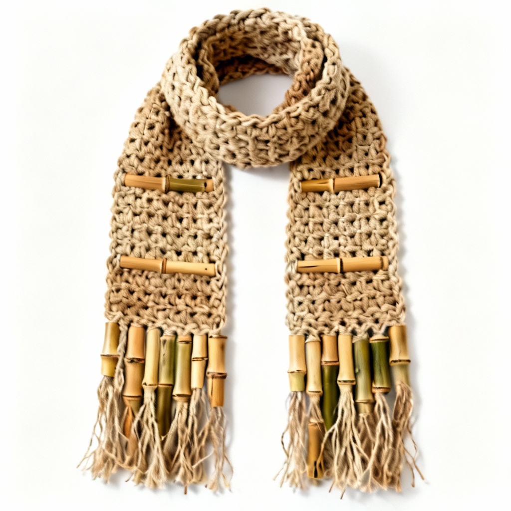 Natural Fiber Crocheted Scarf with Bamboo Accents - Earth Tone