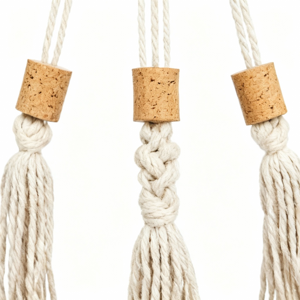 Natural Macrame Plant Hanger with Cork Accents - Bohemian Style, 30 Inch