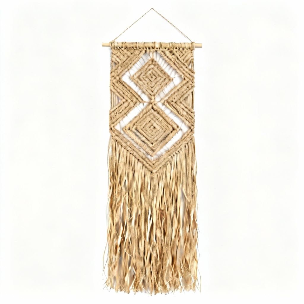 Natural Raffia and Jute Woven Wall Hanging - Geometric Design, 12x36 Inches