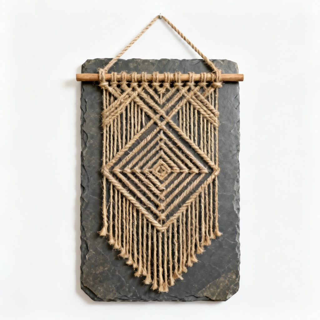 Natural Slate Wall Hanging with Jute Geometric Design - 12x18 Inches