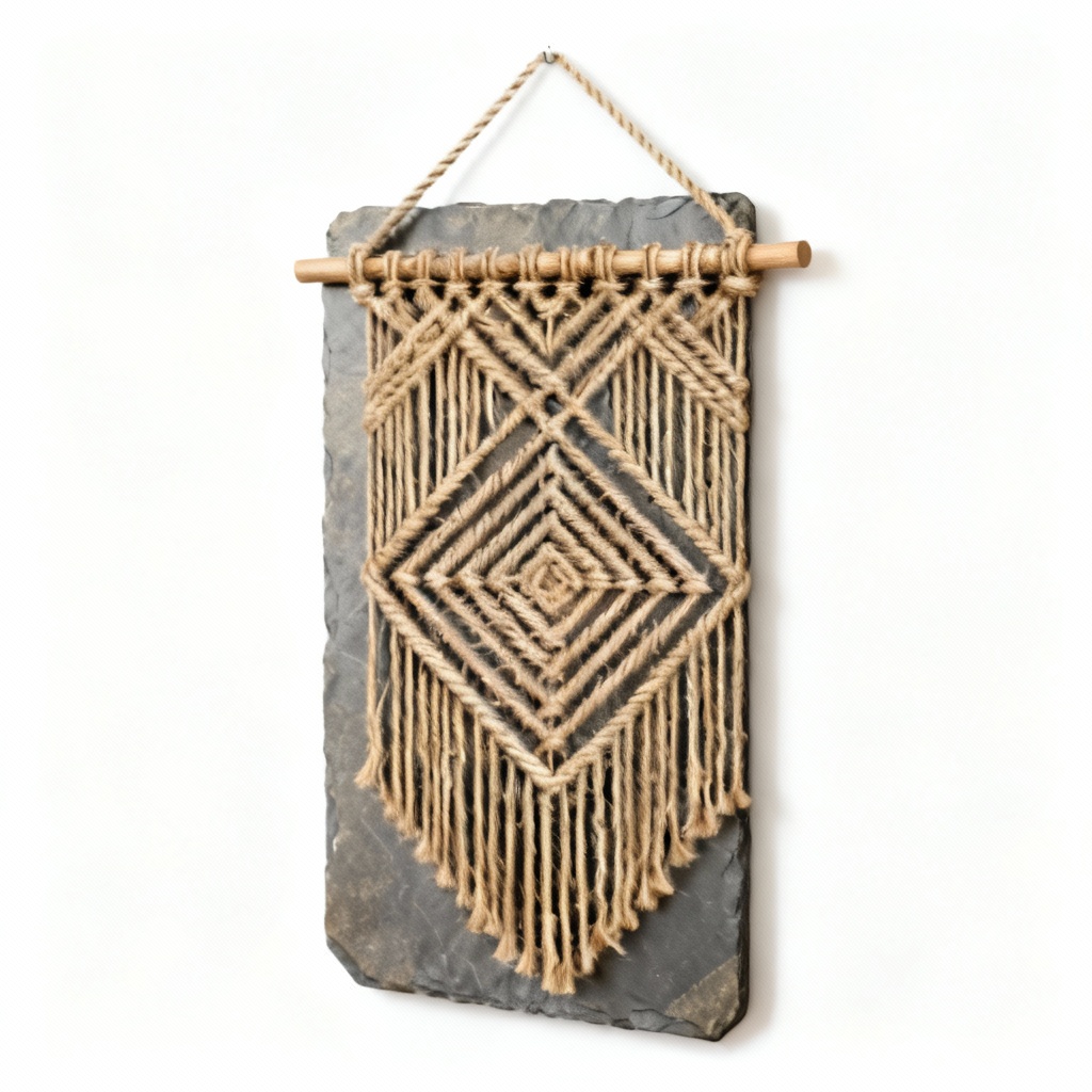 Natural Slate Wall Hanging with Jute Geometric Design - 12x18 Inches