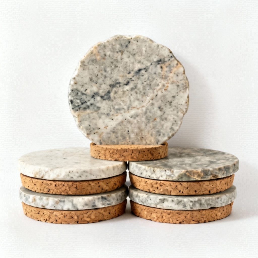 Natural Stone Coasters with Cork Base - Set of 4, Artisan Crafted