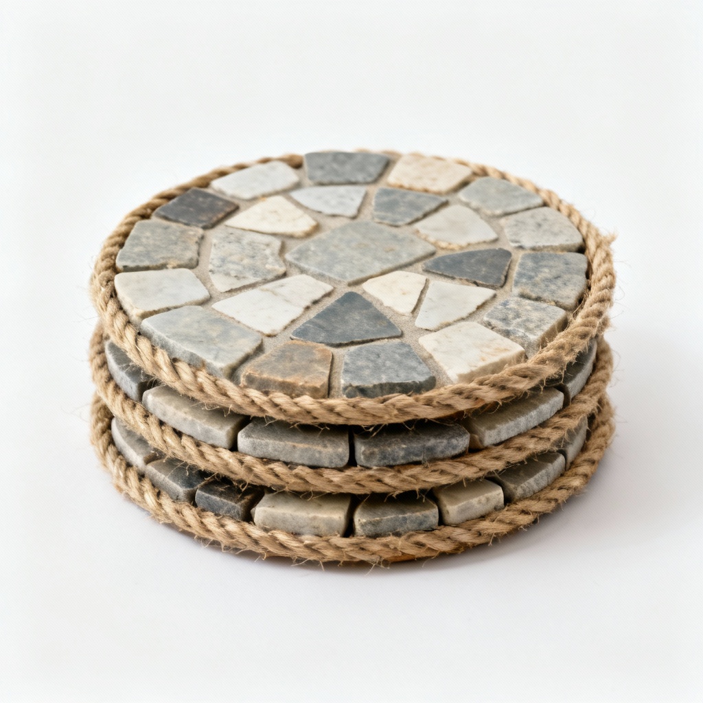 Natural Stone Mosaic Coasters with Hemp Cord Trim - Set of 4