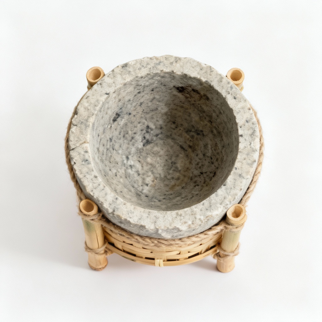 Natural Stone Planter with Woven Bamboo Base - Small Indoor Herb Garden